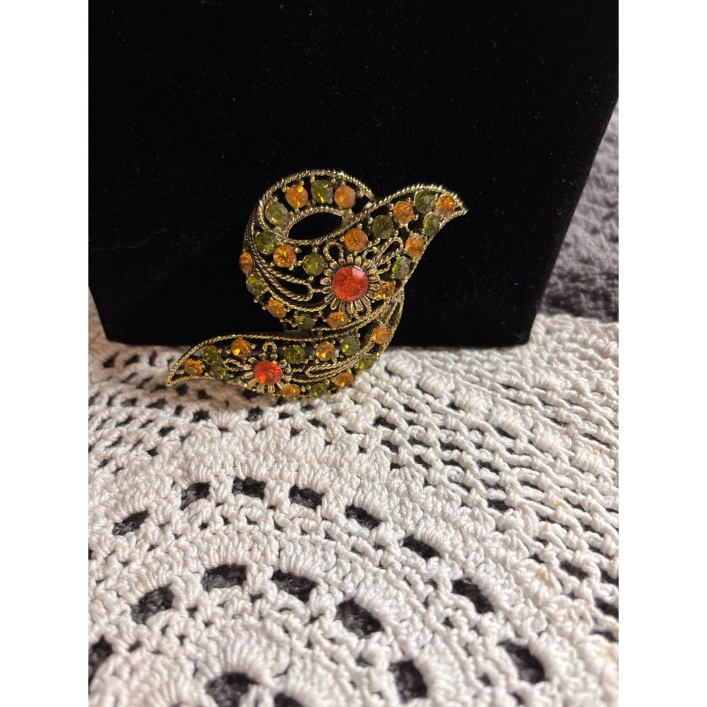 Beautiful Paisley Vintage Brooch Gold Tone with Orange and Green Rhinestones